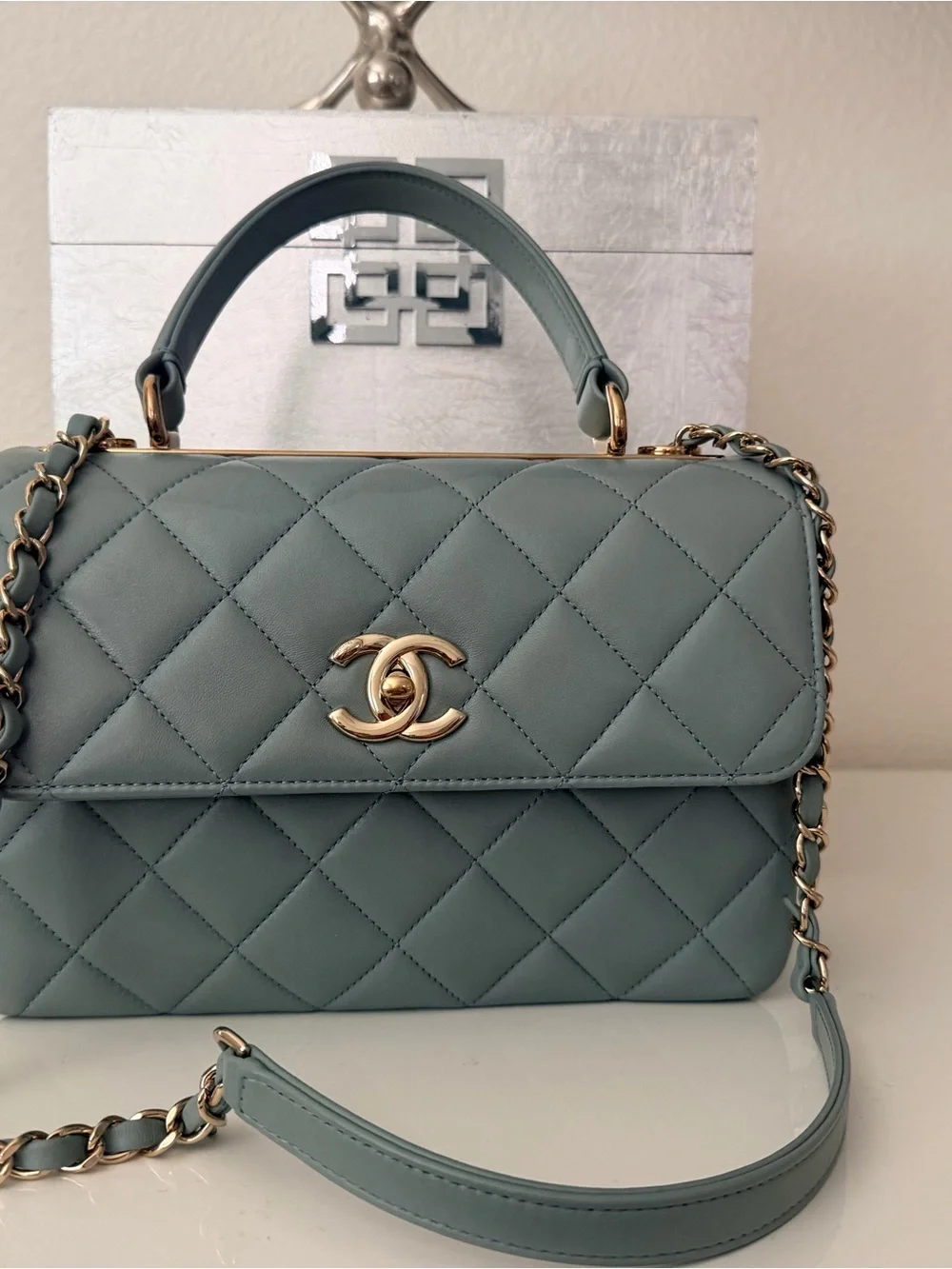 CHANEL Sage Green Quilted Top Handle Satchel with Gold Hardware